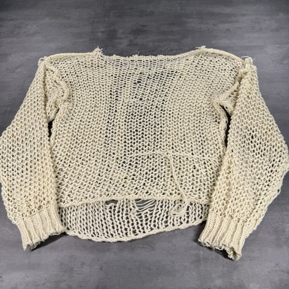 Crochet Sheer Fishnet Sweater Top Women OS Long Sleeve Cream Cover Up Thrashed - Picture 1 of 7